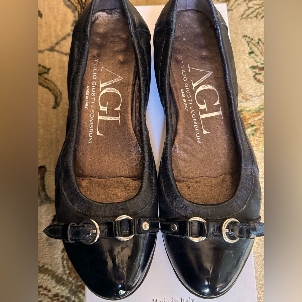 AGL Black Patent Leather Flats with Silver Hardware